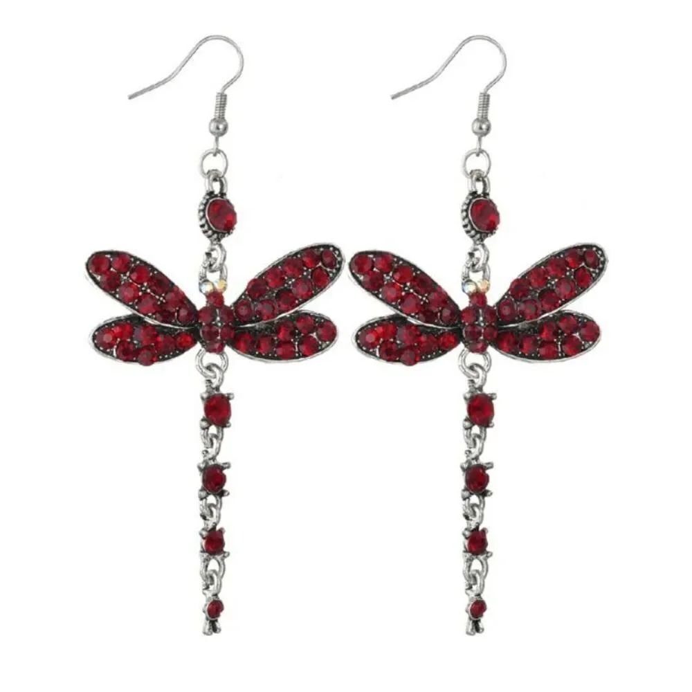 Rhinestone Dragonfly Tassel Drop Earrings, Red